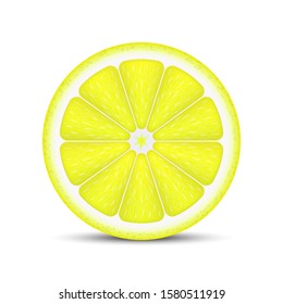 Realistic lemon slice isolated on white background.