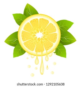 Realistic lemon slice with leaves and drops of juice. Juicy fruit. Fresh citrus design on white background vector illustration