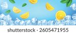 Realistic Lemon slices with flying ice cubes background. Fresh and juicy fruit citrus banner design