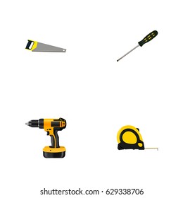 Realistic Length Roulette, Carpenter, Electric Screwdriver And Other Vector Elements. Set Of Instruments Realistic Symbols Also Includes Carpenter, Saw, Measure Objects.