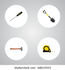 Realistic Length Roulette, Carpenter, Handle Hit Vector Elements. Set Of Kit Realistic Symbols Also Includes Measure, Shovel, Spade Objects.