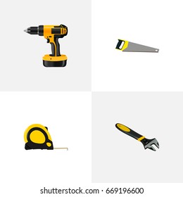 Realistic Length Roulette, Electric Screwdriver, Hacksaw And Other Vector Elements. Set Of Tools Realistic Symbols Also Includes Wrench, Tool, Measure Objects.