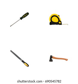 Realistic Length Roulette, Hatchet, Carpenter And Other Vector Elements. Set Of Instruments Realistic Symbols Also Includes Carpenter, Appliance, Axe Objects.