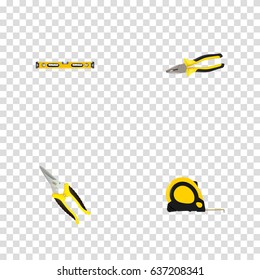 Realistic Length Roulette, Pliers, Scissors And Other Vector Elements. Set Of Kit Realistic Symbols Also Includes Roller, Tongs, Level Objects.