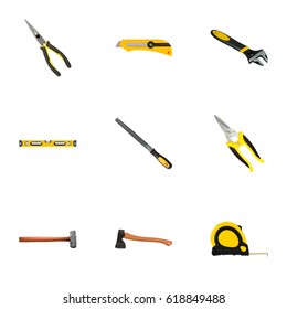 Realistic Length Roulette, Plumb Ruler, Hatchet And Other Vector Elements. Set Of Tools Realistic Symbols Also Includes Spanner, Nippers, Hatchet Objects.