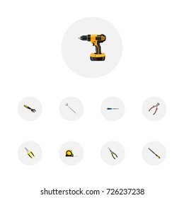 Realistic Length Roulette, Scissors, Forceps And Other Vector Elements. Set Of Tools Realistic Symbols Also Includes Drill, Pliers, Shear Objects.