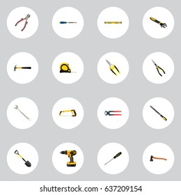 Realistic Length Roulette, Scissors, Tongs And Other Vector Elements. Set Of Tools Realistic Symbols Also Includes Hacksaw, Saw, Instrument Objects.