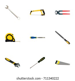 Realistic Length Roulette, Sharpener, Chisel And Other Vector Elements. Set Of Tools Realistic Symbols Also Includes Tape, Appliance, Hacksaw Objects.