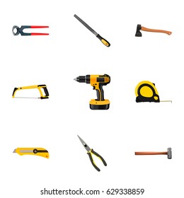 Realistic Length Roulette, Sharpener, Nippers And Other Vector Elements. Set Of Construction Realistic Symbols Also Includes Sledgehammer, Nippers, Drill Objects.