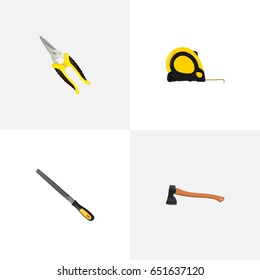 Realistic Length Roulette, Sharpener, Scissors And Other Vector Elements. Set Of Tools Realistic Symbols Also Includes Tape, Tool, Emery Objects.