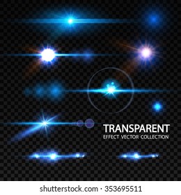 Realistic Lens Flare Elements Collection. Light Effect Transparent Design. Vector illustration