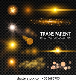 Realistic Lens Flare Elements Collection. Light Effect Transparent Design. Vector illustration