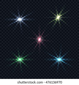 Realistic Lens Flare Elements Collection. Light Effect Transparent Design. Vector illustration