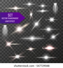 Realistic Lens Flare Elements Collection. Light Effect Transparent Design. Vector illustration