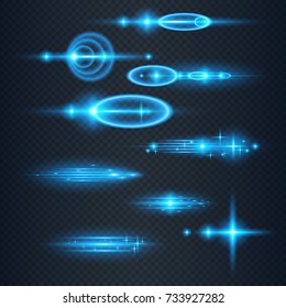 Realistic Lens Flare Elements Collection. Glitter effects, sun flash and star burst for design and decor. Particles and sparks with a highlight effect. Isolated on dark background. Vector illustration