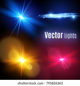 Realistic Lens Flare Elements Collection. Light Effect Transparent Design.yellow glowing light explodes. Vector illustration of light decoration effect with ray. Bright Star.