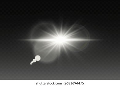 Destello realista de la lente con rayos brillantes y luz brillante. Sobre un fondo transparente.
