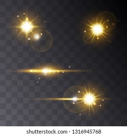 Realistic Lens flare light effect on transperent background. Can be applyed on any image. Glowing sunlight effect flash with rays and spotlight. Bright sparks. Vector element