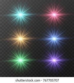 Realistic lens flare light effect with stars and sparkles bursts burst explosion on transparent background. Vector illustration.