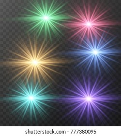 Realistic lens flare light effect with stars and sparkles bursts burst explosion on transparent background. Vector illustration.
