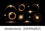 Realistic lens flare light overlay cosmic effect set. Total solar eclipse with shining star, glowing sunlight circle, dawn over the planet on black background. Vector light effects in black space.