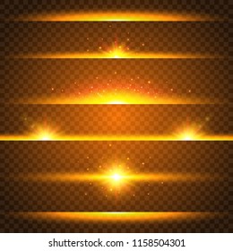 Realistic Lens Flare Set. Collection Of Gold Light Effects On Transparent Background. Flash With Rays And Spotlight. Glowing Lights, Stars And Sparkles. Vector Illustration.