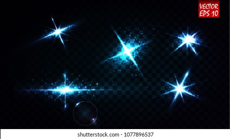 Realistic Lens Flare, Shining Stars and Glowing Light Effects in Blue Color Isolated on Transparent Background. Vector Illustration