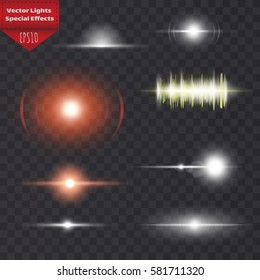 Realistic Lens Flare transparent Elements Collection. Light Effect Design. Vector illustration
