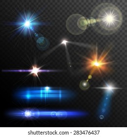 Realistic lens flares beams and flashes on transparent background vector illustration