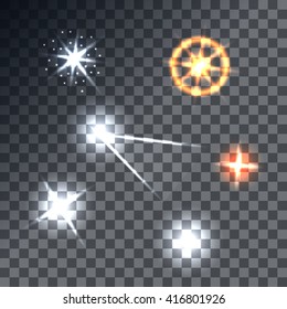 Realistic lens flares beams and flashes on transparent background vector illustration. Vector EPS 10.
