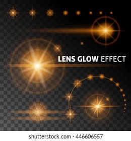 Realistic lens flares and rays flash white orange light on a dark background. Set the template for web design. vector illustrations