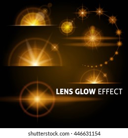Realistic lens flares and rays flash white orange light on a dark background. Set the template for web design. vector illustrations