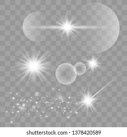 Realistic lens flares star lights and glow white elements on transparent background. Vector illustration EPS 10.