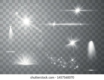 Realistic lens flares star lights and glow. Glowing lights effect, flare, explosion and stars. Special effect isolated on transparent background