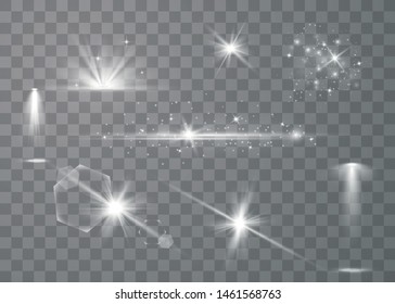 Realistic lens flares star lights and glow. Glowing lights effect, flare, explosion and stars. Special effect isolated on transparent background