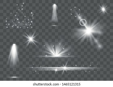 Realistic lens flares star lights and glow. Glowing lights effect, flare, explosion and stars. Special effect isolated on transparent background