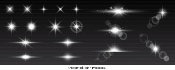 Realistic lens flares star lights   glow white elements transparent background  Glowing effects light collection  Vector illustration