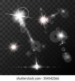 Realistic lens flares star lights and glow white elements on transparent background vector illustration. Glowing Effects Light Collection