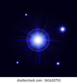 Realistic lens flares star lights on dark blue background. Glowing lights effect, flare, explosion and stars. Special effect isolated. Glow special effect light, flare, star and burst. Isolated spark.