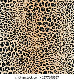 Realistic leopard print. Animal skin seamless pattern. Vector background with black spots on brown and beige backdrop. Abstract exotic texture. Jaguar, leopard, cheetah, panther fur. Repeat design