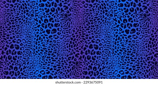 Impresión realista de leopardo en brillantes colores de neón. Patrón veloz. La textura de piel animal en el estilo de moda de los años 1990-2000. Color púrpura, azul y negro. Patrón de arte pop de moda. Repetir diseño