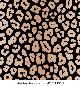 Realistic leopard print. Dark animal skin seamless pattern. Vector background with small brown spots on black backdrop. Abstract exotic texture. Jaguar, leopard, cheetah, panther fur. Repeat design 