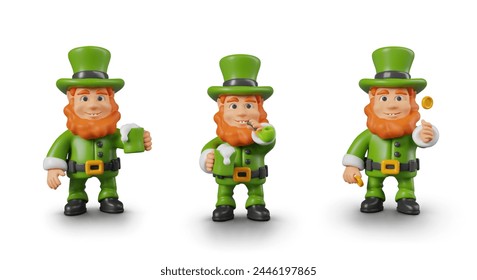 Realistic leprechaun in traditional green suit smokes pipe, tosses gold coin, drinks foamy drink