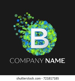 Realistic Letter B logo with blue, purple, pink particles and bubble dots in circle on black background. Vector template for your design