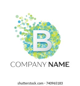 Realistic Letter B logo with blue, yellow, green particles and bubble dots in circle on white background. Vector template for your design
