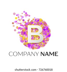 Realistic Letter B logo with red, purle, yellow particles and bubble dots in circle on white background. Vector template for your design