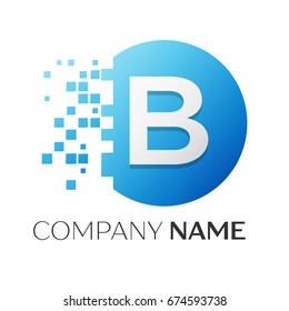 Realistic Letter B Vector Logo Symbol In The Colorful Circle With Shattered Blocks On White Background. Vector Template For Your Design