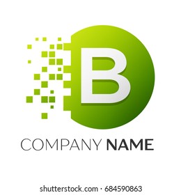 Realistic letter B vector logo symbol in the colorful circle with shattered blocks on white background. Pixel Motion. Vector template for your design