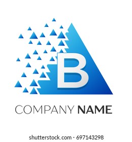 Realistic letter B vector logo symbol in the colorful triangle with shattered blocks on white background. Vector template for your design