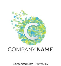 Realistic Letter C logo with blue, yellow, green particles and bubble dots in circle on white background. Vector template for your design